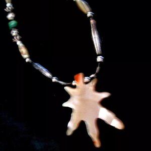 Nice Vintage 70's Silver Turquoise Abalone Leaf Necklace 18" Long Choker